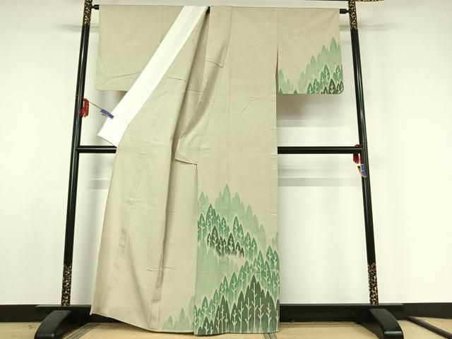平和屋着物▽本塩沢 訪問着 単衣 樹林文 正絹 jh