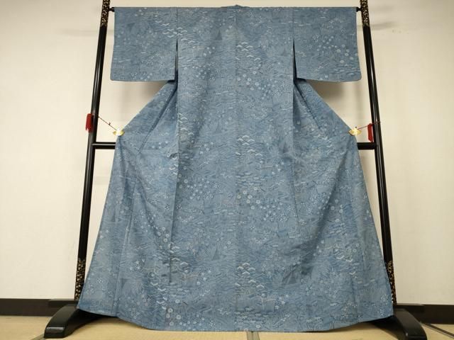 平和屋着物＊夏物 小紋 絽 正藍染 型染め 風景草花文 反端付き 正絹