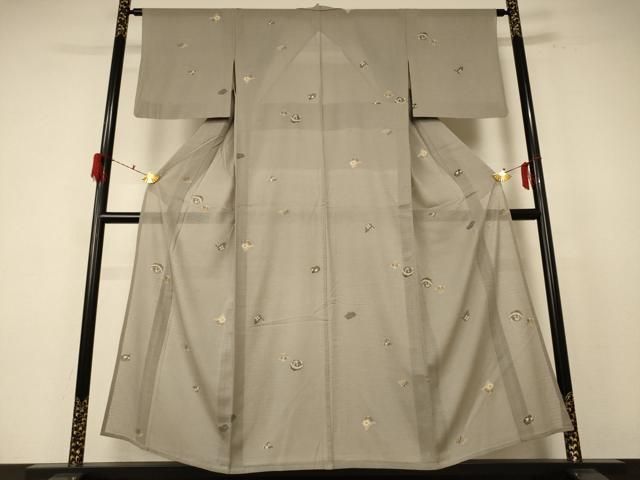 平和屋着物＊夏物 小紋 絽縮緬 草花文 金彩 正絹 jd