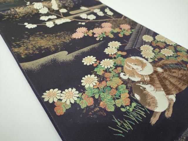 平和屋着物●六通柄袋帯 唐織 四季花犬図 金糸 正絹 ps
