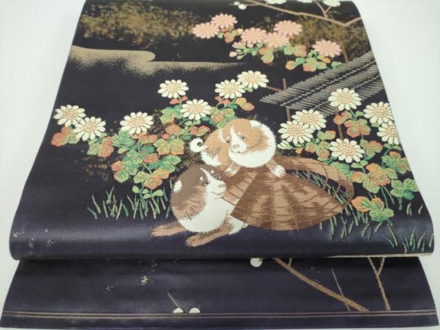 平和屋着物●六通柄袋帯 唐織 四季花犬図 金糸 正絹 ps