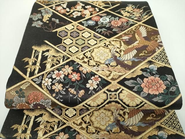 平和屋着物●六通柄袋帯 唐織 作家物 みやこ綴 格天井鳳凰花文 金糸 正絹 ♥ ps