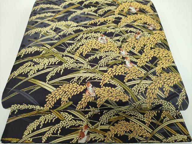 平和屋着物●六通柄袋帯 唐織 実り 稲穂に雀 金糸 正絹 ♥ ps