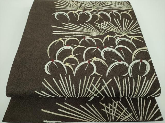 平和屋着物●六通柄袋帯 円相鶴 若松葉 正絹 ps