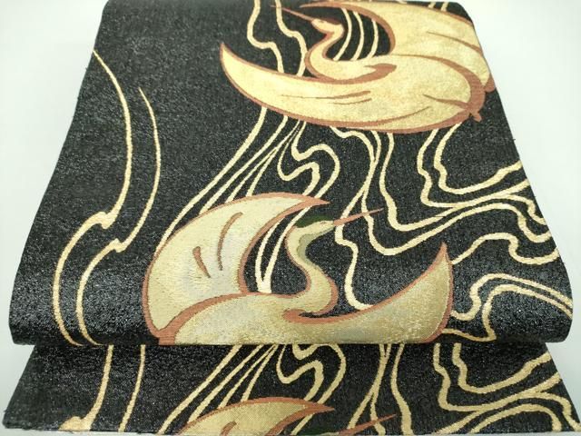 平和屋着物●世界的友禅作家 千地泰弘 六通柄袋帯 千地天女 砂金織 鶴の丸 黒地 金銀糸 正絹 ps