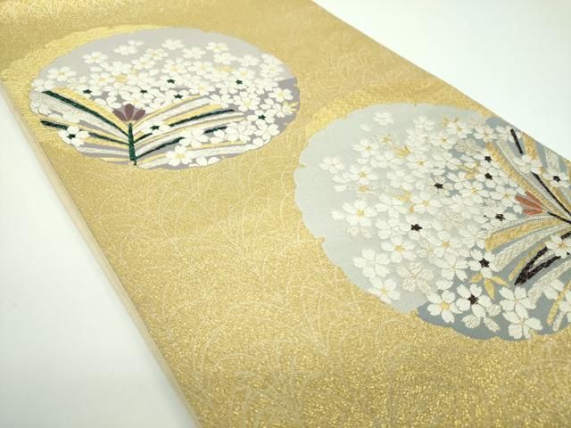 平和屋着物●太鼓柄袋帯 雪輪舞桜 若松葉 金銀糸 正絹 ps