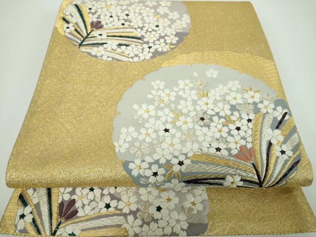 平和屋着物○太鼓柄袋帯 雪輪舞桜 若松葉 金銀糸 正絹 逸品 DABB4252ps