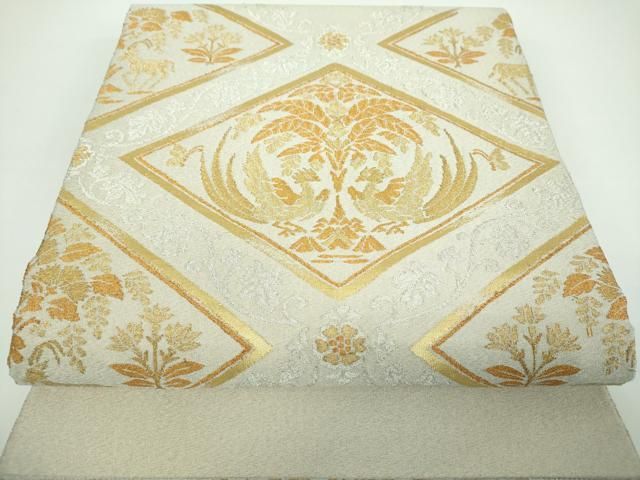 平和屋着物●綴れ 太鼓柄袋帯 樹下双鳥花菱文 金銀糸 正絹 ps