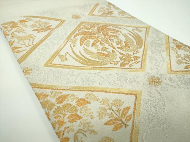 平和屋着物●綴れ 太鼓柄袋帯 樹下双鳥花菱文 金銀糸 正絹 ps