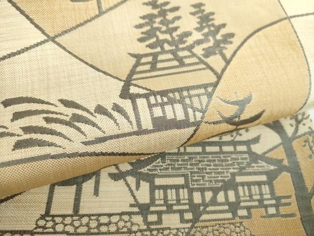 平和屋着物○名門木屋太 今河織物 皆川泰蔵 染色家 六通柄袋帯 風景文