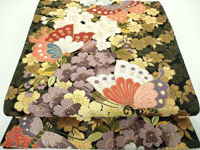 平和屋着物●六通柄袋帯 舞夢 胡蝶枝枝垂れ桜 黒地 金糸 正絹 ps