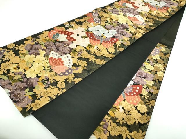 平和屋着物○六通柄袋帯 舞夢 胡蝶枝枝垂れ桜 黒地 金糸 正絹 逸品