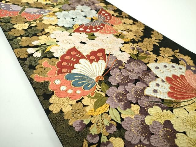 平和屋着物○六通柄袋帯 舞夢 胡蝶枝枝垂れ桜 黒地 金糸 正絹 逸品