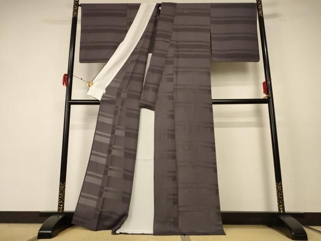 平和屋着物＊夏物 色無地 縞紋紗 黒橡色 正絹 jd