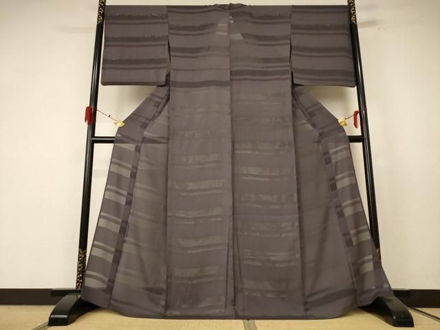 平和屋着物＊夏物 色無地 縞紋紗 黒橡色 正絹 jd