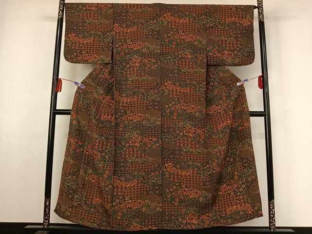 平和屋着物▽上質な小紋 単衣 手描き 更紗花文 正絹 jh