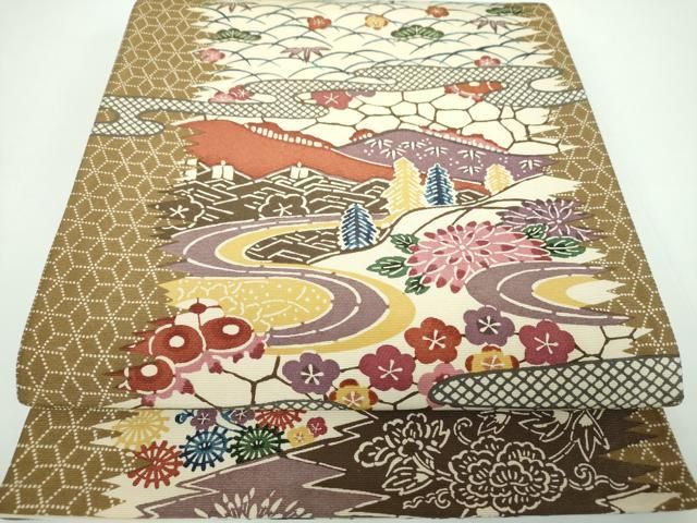 平和屋着物●全通柄袋帯 型染 風景花文 金通し地 正絹 ps