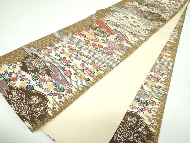  平和屋着物●全通柄袋帯 型染 風景花文 金通し地 正絹 ps 袋帯 帯