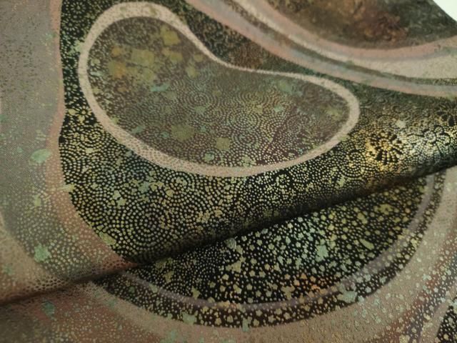 平和屋着物○伝統工芸品 伊那紬 手織り 全通柄袋帯 手織り 霞文 金彩