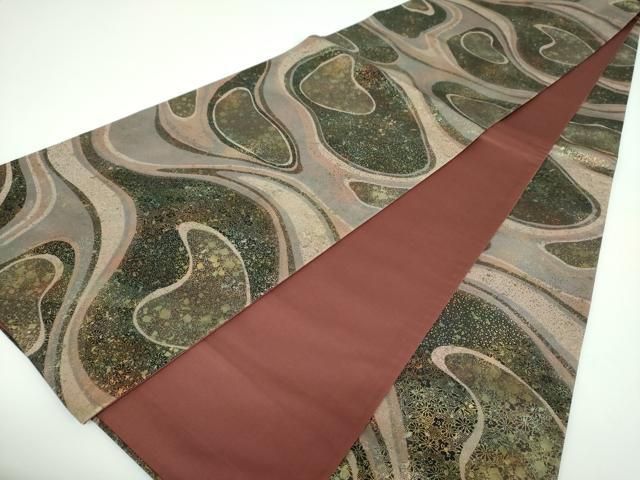 平和屋着物○伝統工芸品 伊那紬 手織り 全通柄袋帯 手織り 霞文 金彩