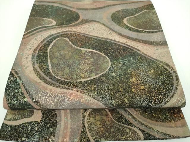 平和屋着物■極上　伝統工芸品　伊那紬　手織り　全通柄袋帯　雪輪重ね　黒地　逸品　DZAB1502kh5 平和屋着物○伝統工芸品 伊那紬 手織り 全通柄袋帯 手織り 霞文 金彩