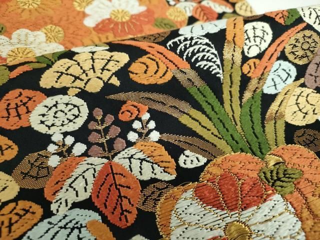 平和屋着物○西陣 河合美術織物謹製 六通柄袋帯 唐織 雲取り花文 貝殻