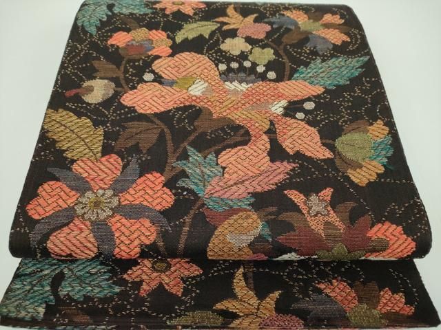 平和屋着物●六通柄袋帯 紬地 唐織 金彩袋 更紗花文 黒地 金糸 正絹 ps