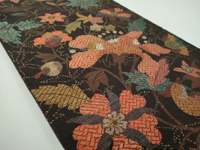 平和屋着物●六通柄袋帯 紬地 唐織 金彩袋 更紗花文 黒地 金糸 正絹 ps