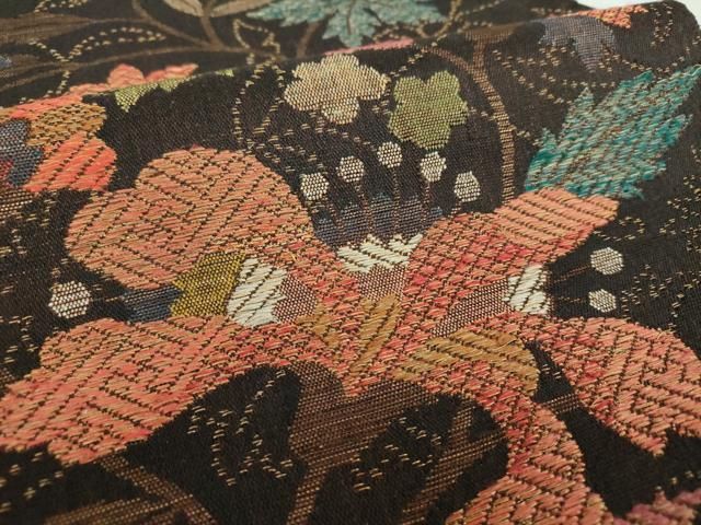  平和屋着物●六通柄袋帯 紬地 唐織 金彩袋 更紗花文 黒地 金糸 正絹 ps 袋帯 帯