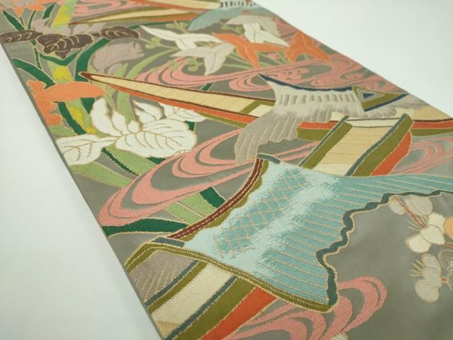 平和屋着物●西陣 白綾苑大庭 六通柄袋帯 唐織 流水花舟 金糸 正絹 ps