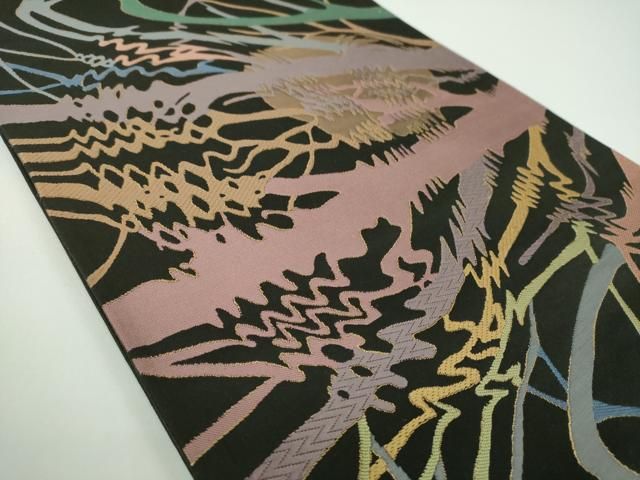 平和屋着物●西陣 河瀬満織物謹製 六通柄袋帯 M C ESCHER アート 黒地 金糸 証紙付き 正絹 ♥ ps