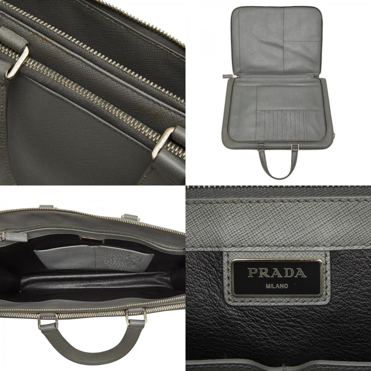 さ*た様 プラダ サフィアーノレザー 三角ロゴプレート ブリーフケース グレー プラダ 三角ロゴプレート ブリーフケース ビジネスバッグ VR0023