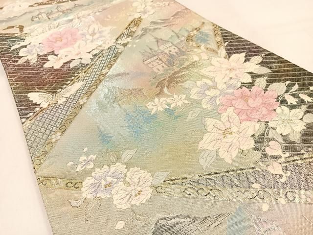 平和屋着物◎七宝佐賀錦 六通柄袋帯 唐織 風景花蝶文 金銀糸 正絹 逸品