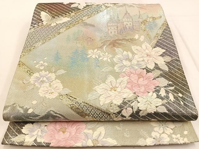 平和屋着物◎七宝佐賀錦 六通柄袋帯 唐織 風景花蝶文 金銀糸 正絹 逸品