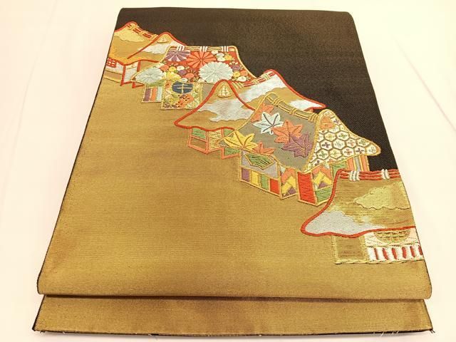平和屋着物◎太鼓柄袋帯 唐織 茶屋辻 黒地 金銀糸 正絹 逸品