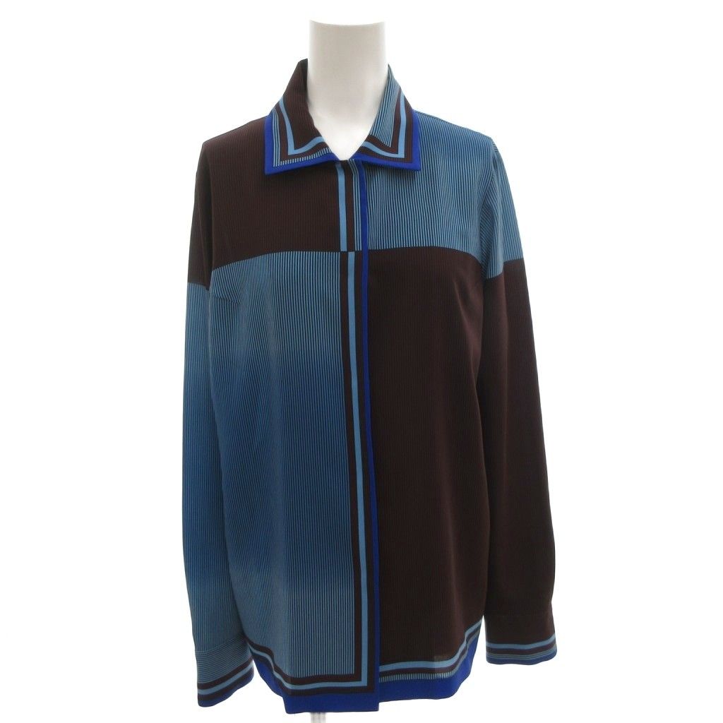 ヒロココシノ HIROKO KOSHINO シャツ ブラウス 青 ブルー 茶 ブラウン 長袖 総柄 FF GY 60