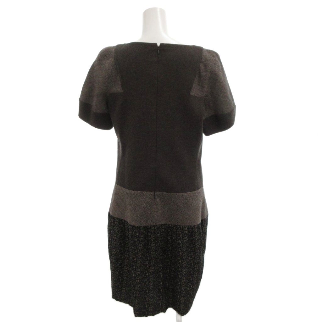 ヒロココシノ HIROKO KOSHINO ワンピース ウール 40 茶 ブラウン 半袖 ラウンドネック 切替 ヘリンボーン ひざ丈 FF GY 60