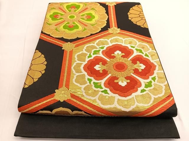平和屋着物◎六通柄袋帯 唐織 亀甲花文 黒地 金糸 正絹 逸品