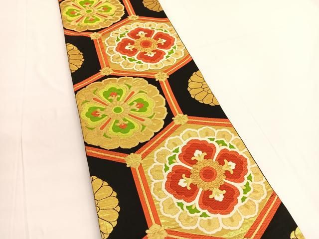平和屋着物◎六通柄袋帯 唐織 亀甲花文 黒地 金糸 正絹 逸品