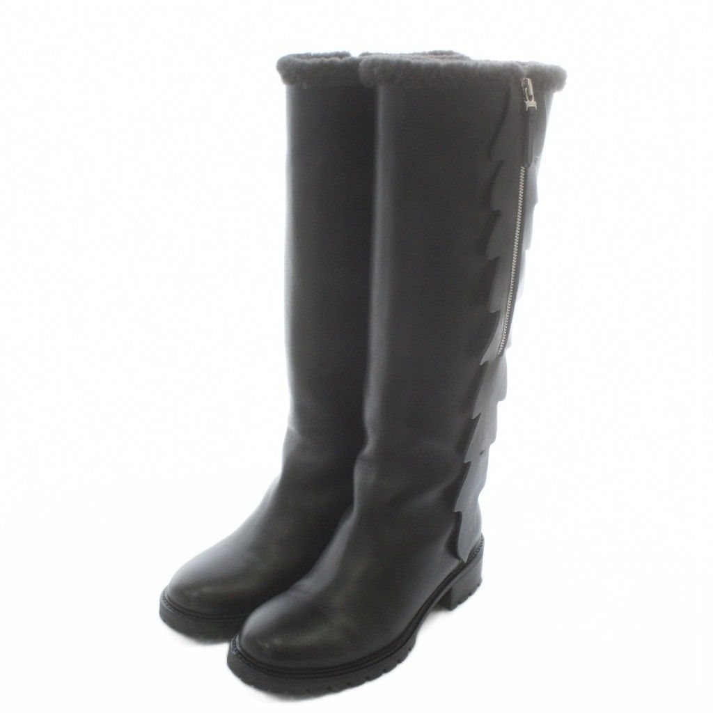 フェンディ FENDI ムートンブーツ レザー ボア ロング ラウンドトゥ サイドジップ 38 5 25 5㎝ 黒 ブラック 8 W 4972 XZ