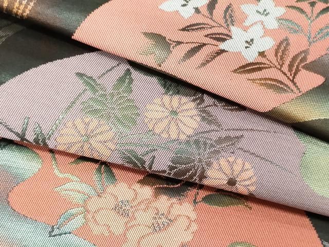 平和屋着物▽西陣 京藝謹製 名古屋帯 帯反物 扇面花文 黒地 引箔 証紙