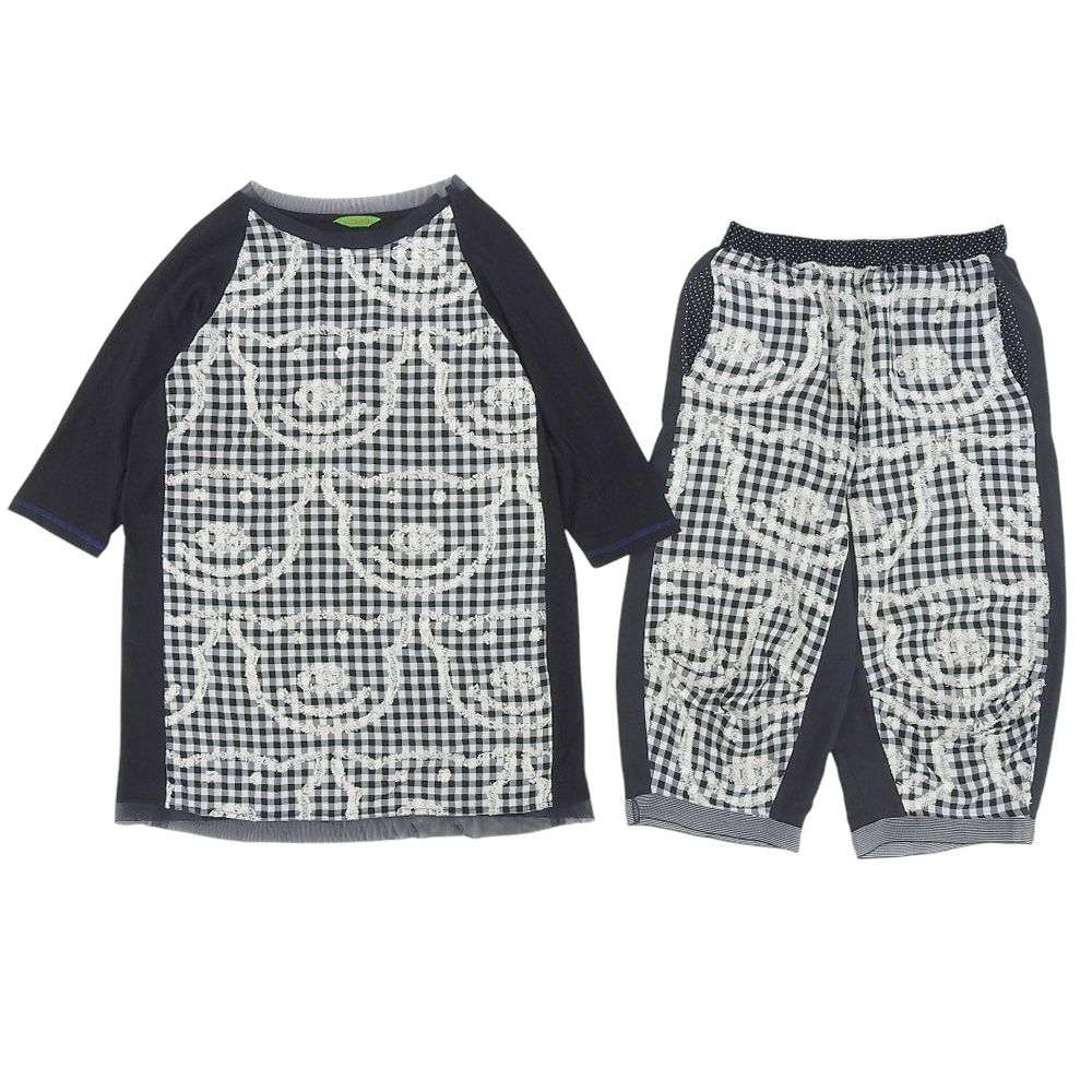 OLLEBOREBLA アルベロベロ チェック柄 ドット柄 豚さん ブタさん 刺繍 トップスイージーパンツ セットアップ レディース ブラック ―