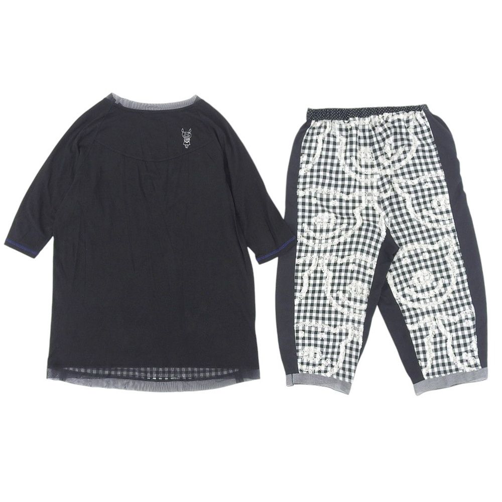 アルベロベロ黒パンツ 豚の刺繍付き 新品未使用タグ付き OLLEBOREBLA アルベロベロ チェック柄×ドット柄 豚さん ブタさん 刺繍