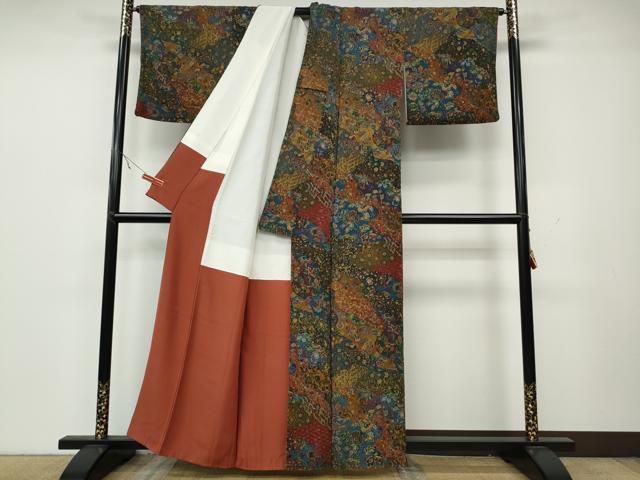 平和屋着物▽上質な小紋 道長吉祥更紗花文 鬼しぼ縮緬 正絹 逸品