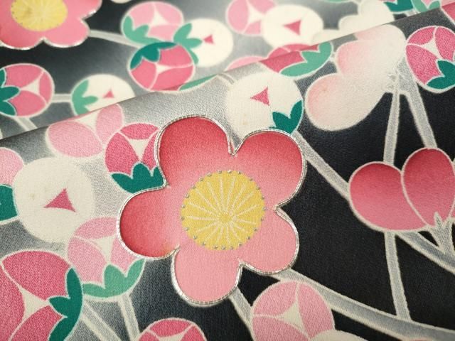平和屋着物▽豪華振袖 駒刺繍 枝梅文 暈し染め 黒地 正絹 逸品