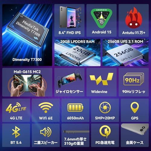 ゲーミングタブレット BNCF タブレット 8インチ Android 15 MTK Dimensity 7300 8コア 20 GB 256 1 TB拡張 8 4 FHD IPS 1920 x 1200 90 Hz高リフレッシュレート 5 MP Gmm