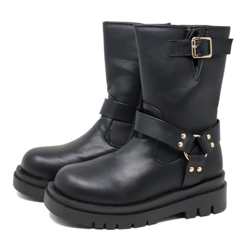 リバティー ドール レディース エンジニアブーツ ミドルブーツ 厚底 リングベルト 5 cmヒール 美脚 ラウンドトゥ サイドジップ PUレザー 合成皮革 ユニセックス 大きいサイズ No 9145 mm