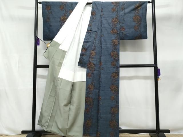 平和屋着物□塩沢ゆきやま紬 更紗花唐草文 証紙付き 正絹 逸品