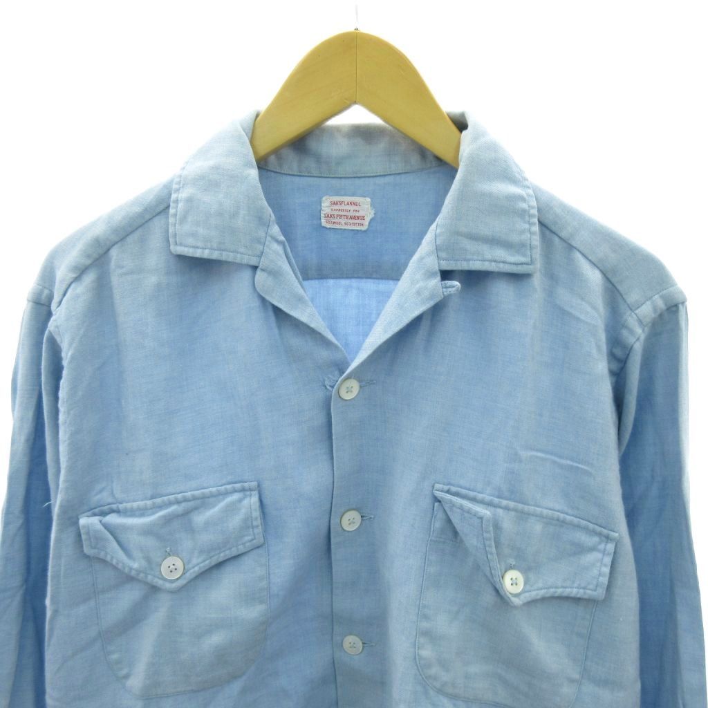 【中古】サックスフィフスアベニュー 50s オープンカラーシャツ 開襟 ウール コットン 長袖 M 水色 ライトブルー サックスフィフスアベニュー SAKS FIFTH AVENUE ヴィンテージ 50s