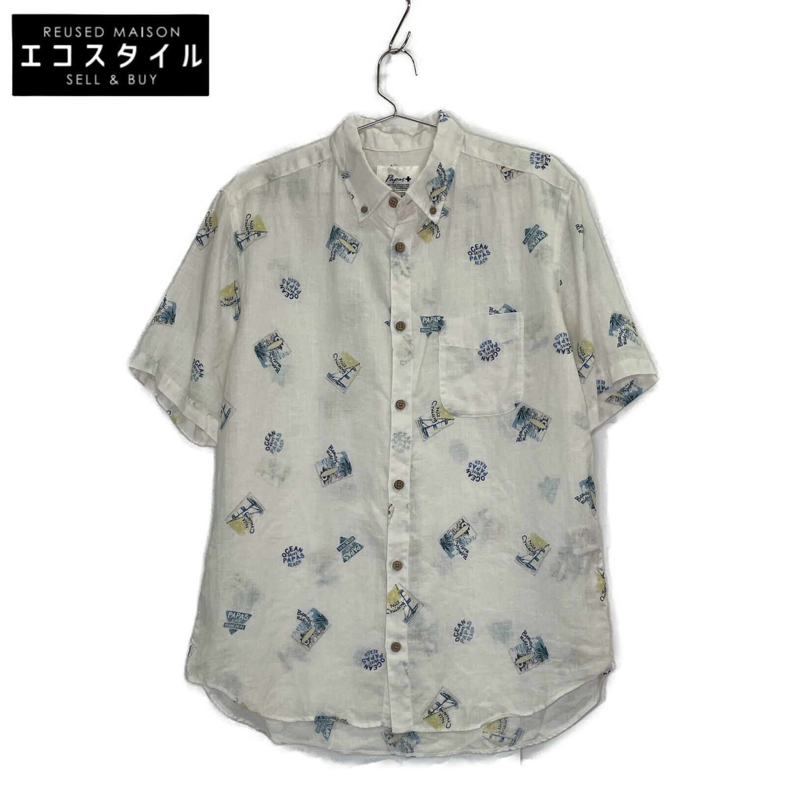 PAPAS パパス 総柄 半袖 リネンシャツ M
